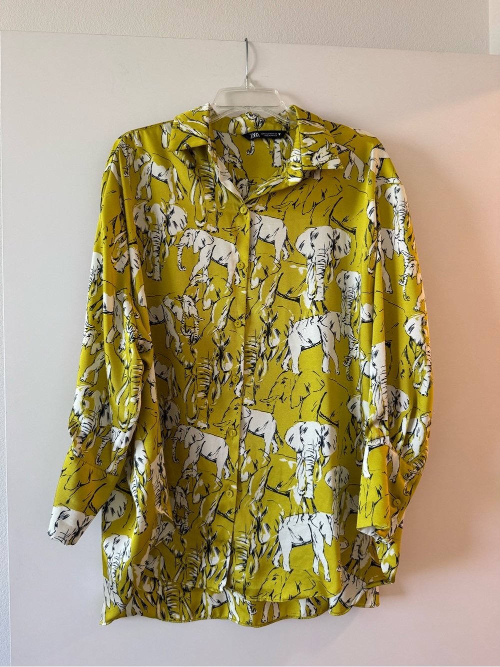 ZARA Oversized Yellow Elephant Print Button-Up Women's Blouse